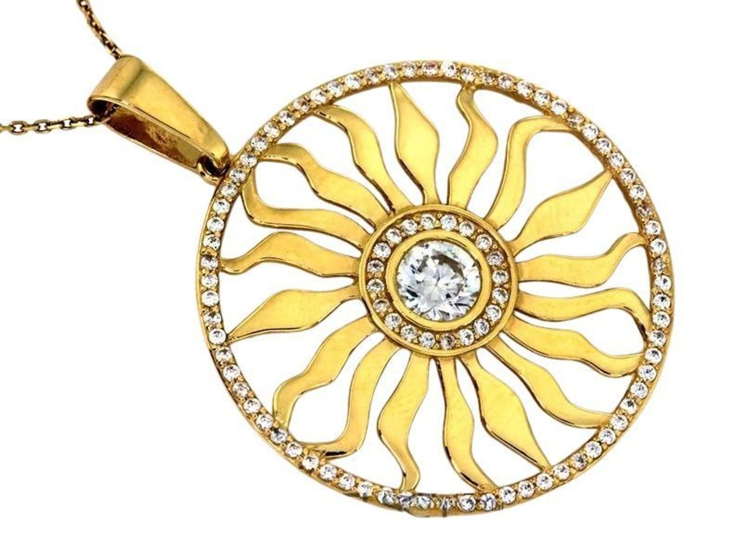 Efektowna złota zawieszka Słońce z licznymi cyrkoniami. Duży, symboliczny wisiorek damski z żółtego złota próby 585. Idealny na prezent. Cena bez łańcuszka.11.jpg